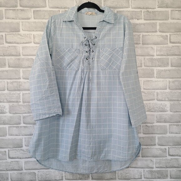 En Creme Denim Lace Up Front Tunic Mini Dress Boho Hippie Festival Medium - Picture 1 of 7